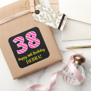 Fun Pink Stripes “38”: Happy 38th Birthday + N Square Sticker