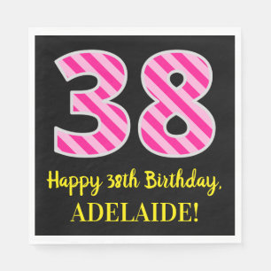 Fun Pink Stripes "38"; Happy 38th Birthday; Name Napkin