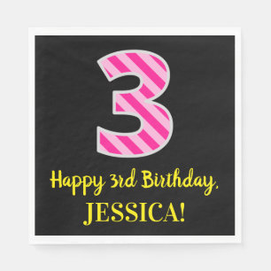 Fun Pink Stripes "3"; Happy 3rd Birthday; Name Napkin