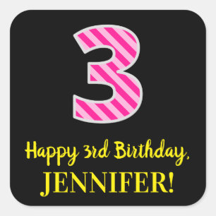 Fun Pink Stripes “3”: Happy 3rd Birthday + Name Square Sticker