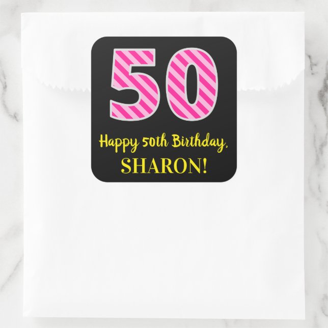 Fun Pink Stripes “50”: Happy 50th Birthday + Name Square Sticker (Bag)