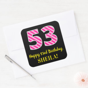 Fun Pink Stripes “53”: Happy 53rd Birthday + N Square Sticker