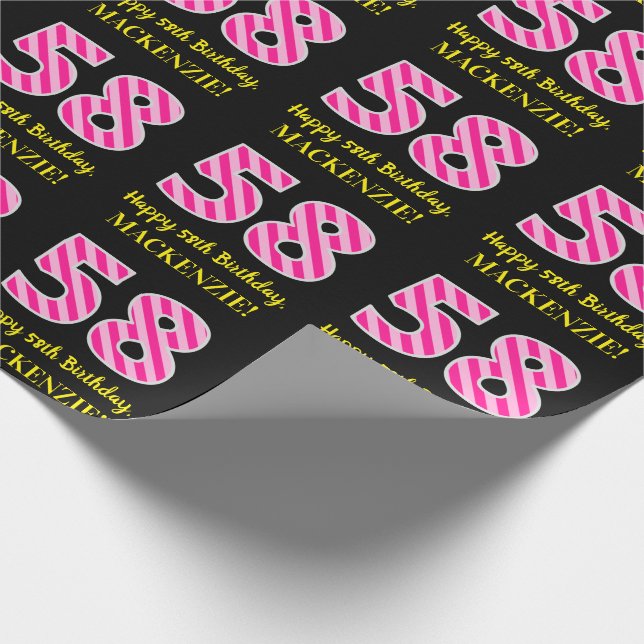Fun Pink Stripes "58"; Happy 58th Birthday; Name Wrapping Paper (Corner)