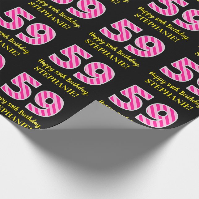 Fun Pink Stripes "59"; Happy 59th Birthday; Name Wrapping Paper (Corner)