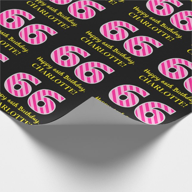 Fun Pink Stripes "66"; Happy 66th Birthday; Name Wrapping Paper (Corner)