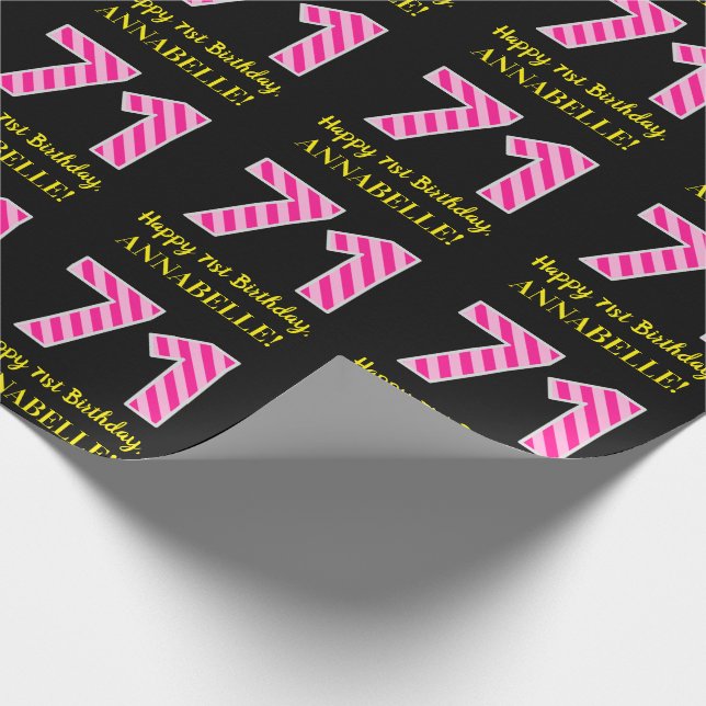 Fun Pink Stripes "71"; Happy 71st Birthday; Name Wrapping Paper (Corner)