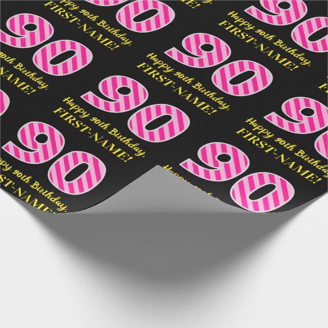 Fun Pink Stripes "90"; Happy 90th Birthday; Name Wrapping Paper (Corner)