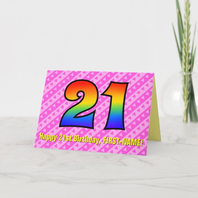 Fun Pink Stripes, Hearts, Rainbow # 21st Birthday Card (Front)