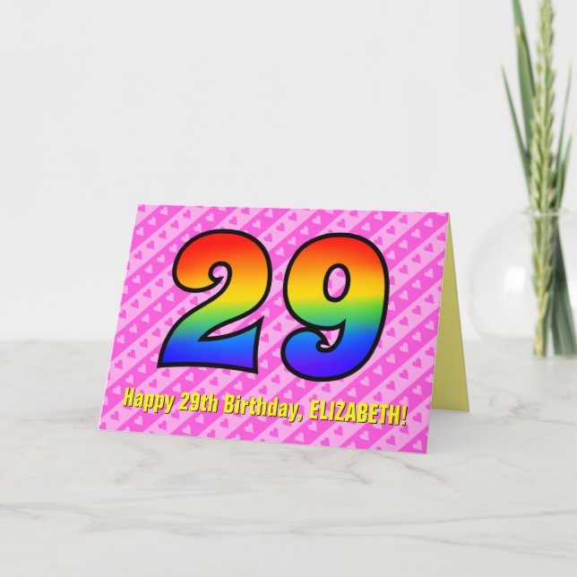 Fun Pink Stripes, Hearts, Rainbow # 29th Birthday Card (Front)
