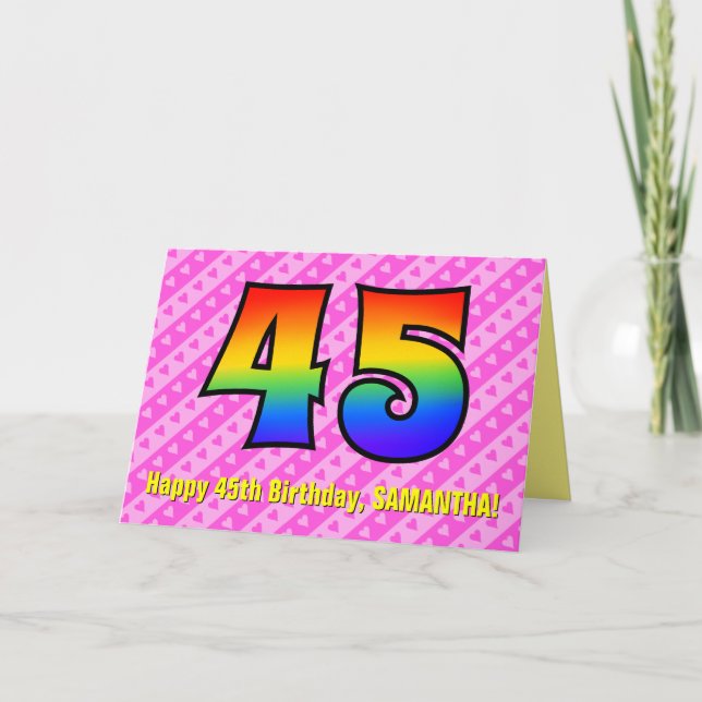 Fun Pink Stripes, Hearts, Rainbow # 45th Birthday Card (Front)