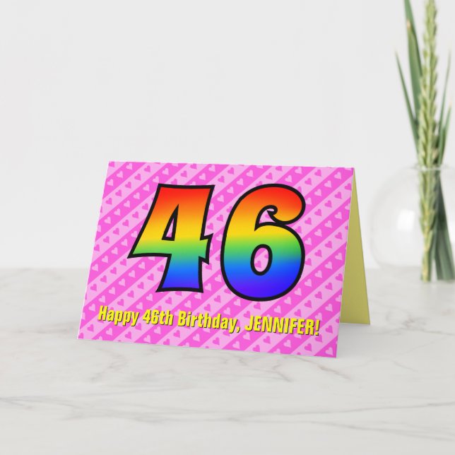 Fun Pink Stripes, Hearts, Rainbow # 46th Birthday Card (Front)