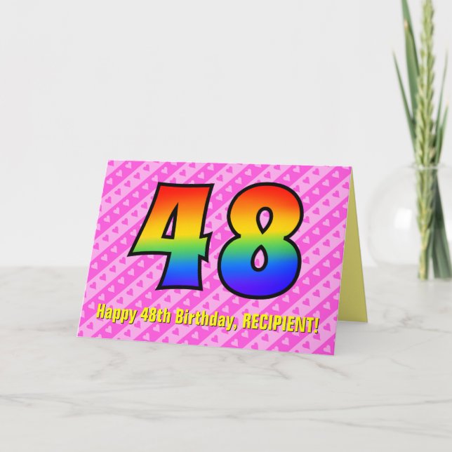 Fun Pink Stripes, Hearts, Rainbow # 48th Birthday Card (Front)
