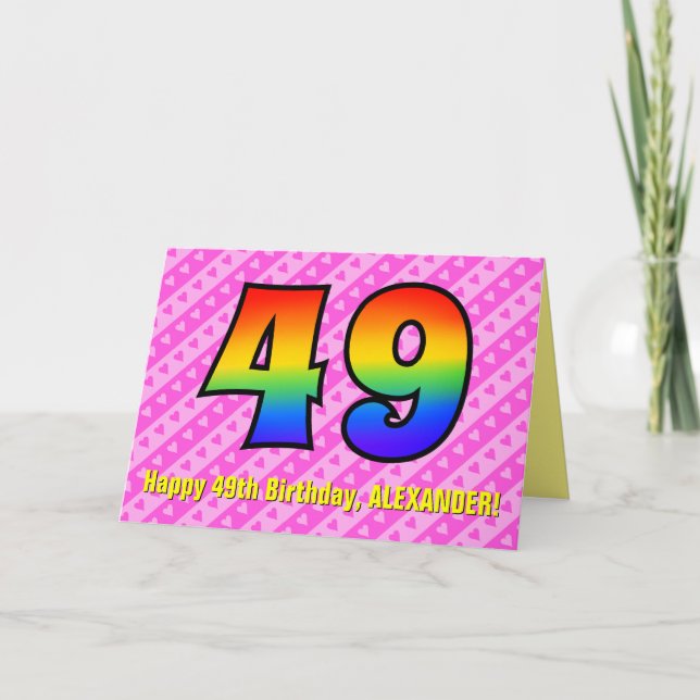 Fun Pink Stripes, Hearts, Rainbow # 49th Birthday Card (Front)