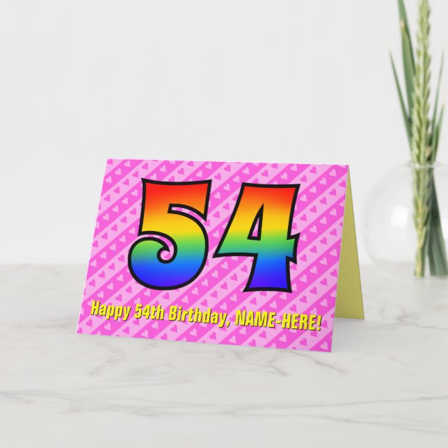 Fun Pink Stripes, Hearts, Rainbow # 54th Birthday Card (Front)