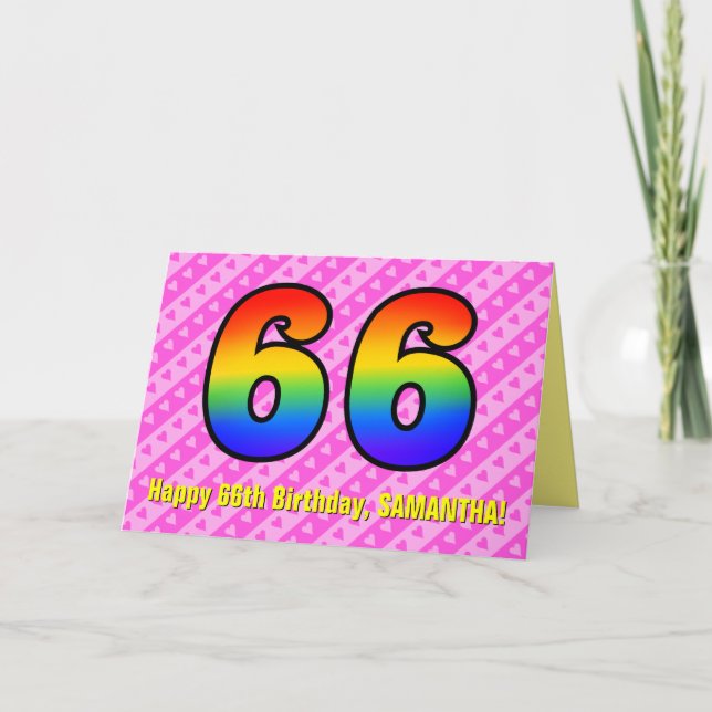Fun Pink Stripes, Hearts, Rainbow # 66th Birthday Card (Front)