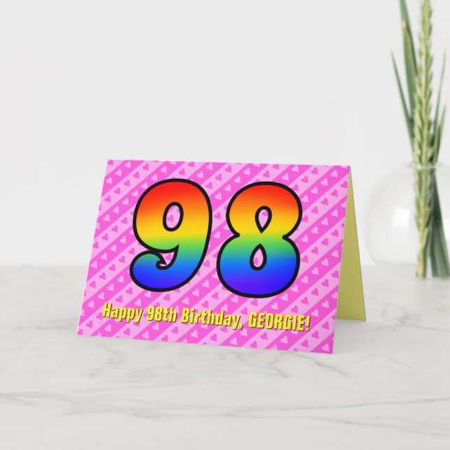 Fun Pink Stripes, Hearts, Rainbow # 98th Birthday Card (Front)