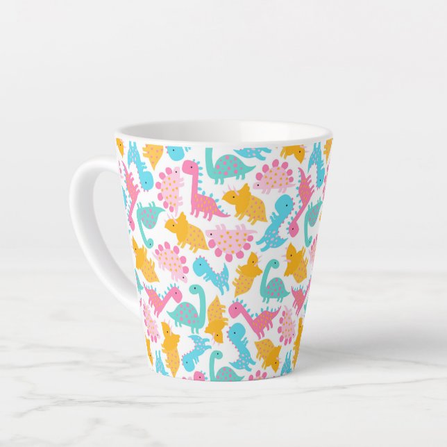 Fun Pink & Teal Dinosaur Pattern Latte Mug (Left Angle)