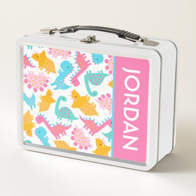 Fun Pink & Teal Dinosaur Pattern Metal Lunch Box (Front)