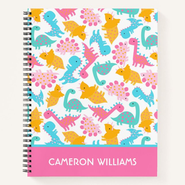 Fun Pink & Teal Dinosaur Pattern Notebook (Front)