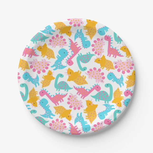 Fun Pink & Teal Dinosaur Pattern Paper Plate (Front)