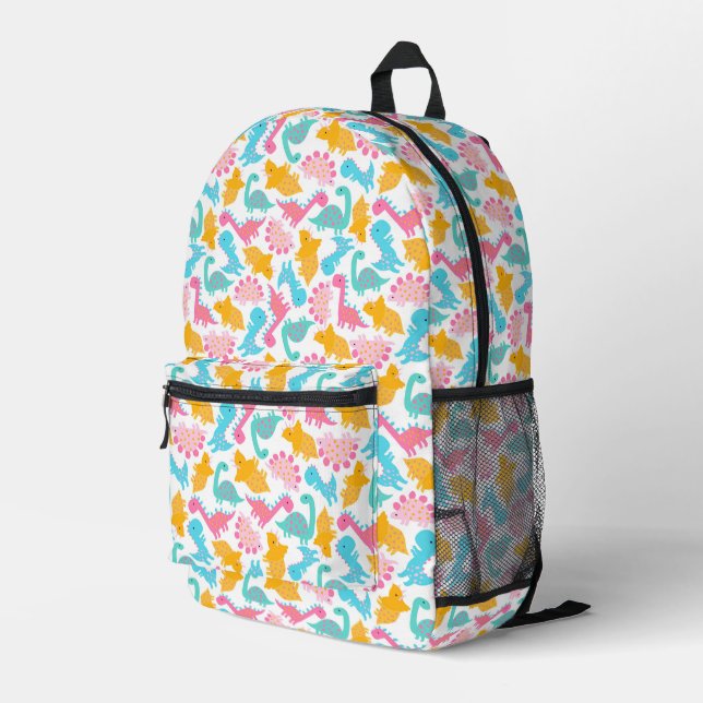 Fun Pink & Teal Dinosaur Pattern Printed Backpack (Back Corner Right)