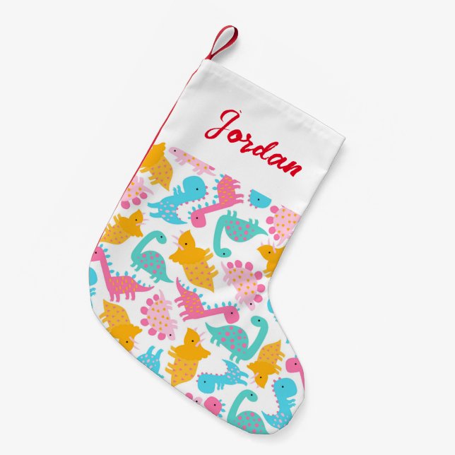 Fun Pink & Teal Dinosaur Pattern Small Christmas Stocking (Front (Hanging))