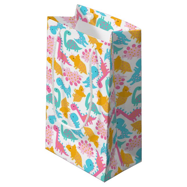 Fun Pink & Teal Dinosaur Pattern Small Gift Bag (Front Angled)