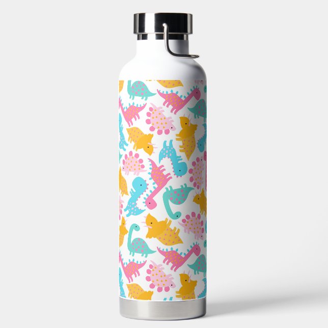Fun Pink & Teal Dinosaur Pattern Water Bottle (Left)