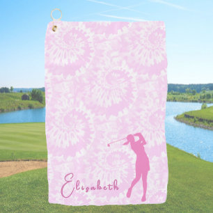 Fun Pink Tie Dye Lady Golfer Custom Name Golf Towel
