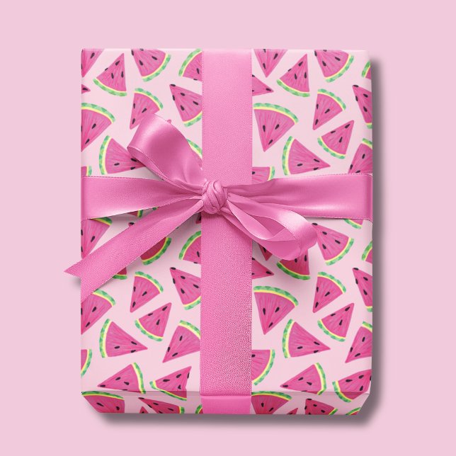 Fun Pink Tropical Summer Watermelon pattern Wrapping Paper (Watermelon wrapping paper on a baby pink background)