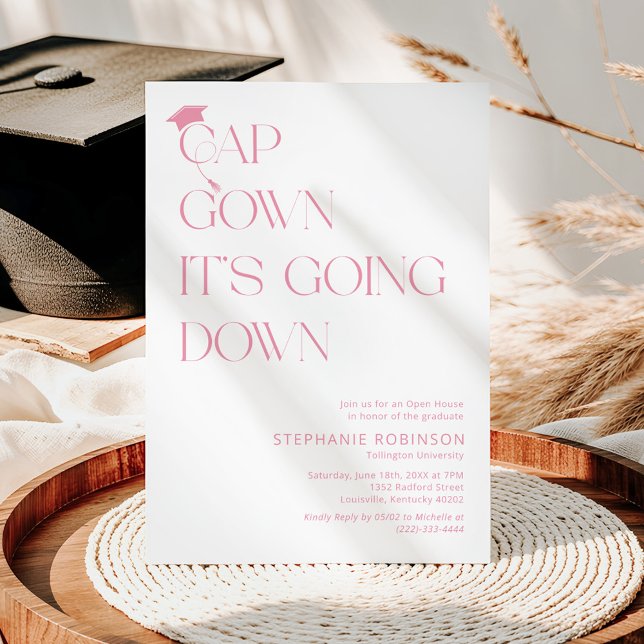 Fun Pink & White Cap, Gown Graduation Invitation (Creator Uploaded)