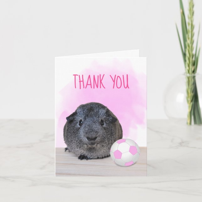 Fun Pink White Soccer Ball Guinea Pig Thank You Card (Front)