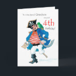 Fun Pirate 4th Birthday Card for Grandson<br><div class="desc">A 4th Birthday Card for a very special Grandson,  with a jolly pirate and his parrot,  from a watercolour painting by Judy Adamson. You can edit the inside text if you wish.</div>