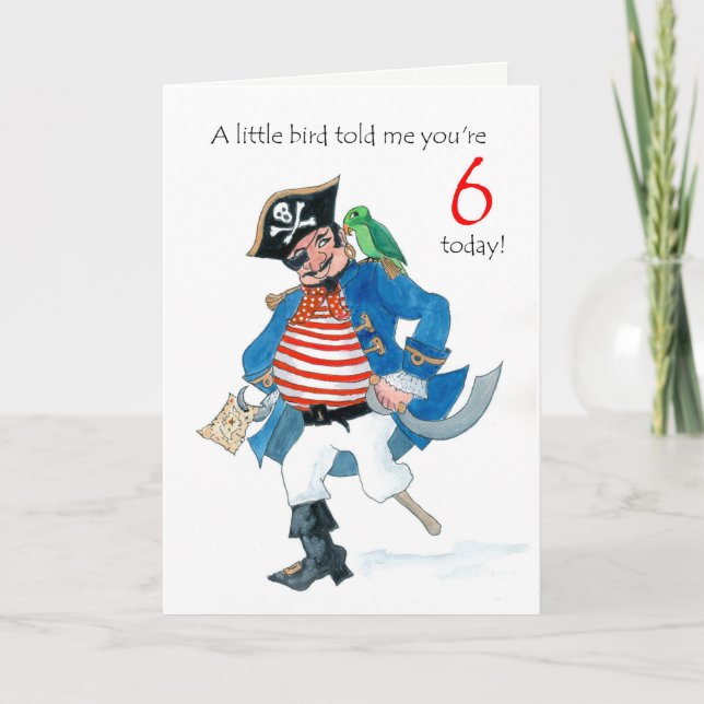 Fun Pirate and Parrot 6th Birthday Card (Front)