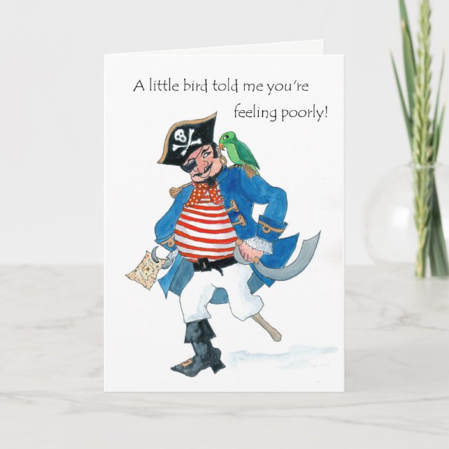 Fun Pirate and Parrot Get Well on White Card (Front)