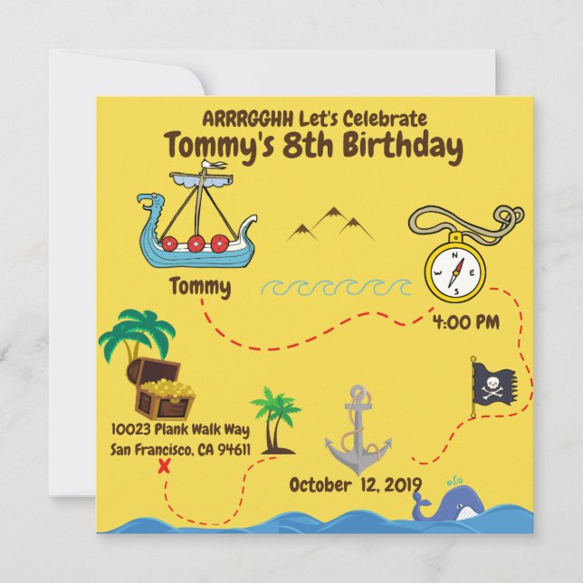 Fun Pirate Party Yellow|Blue Treasure Map (Front)