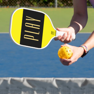 Fun PLAY Text Vivid Yellow Black Centre Stripes Pickleball Paddle