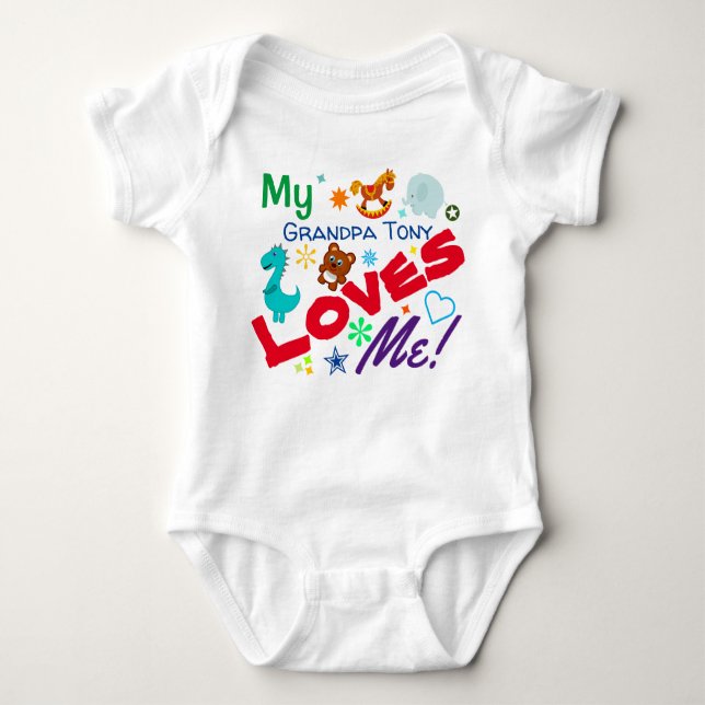Fun Playful Colorful My Grandpa Loves Me Baby Bodysuit (Front)