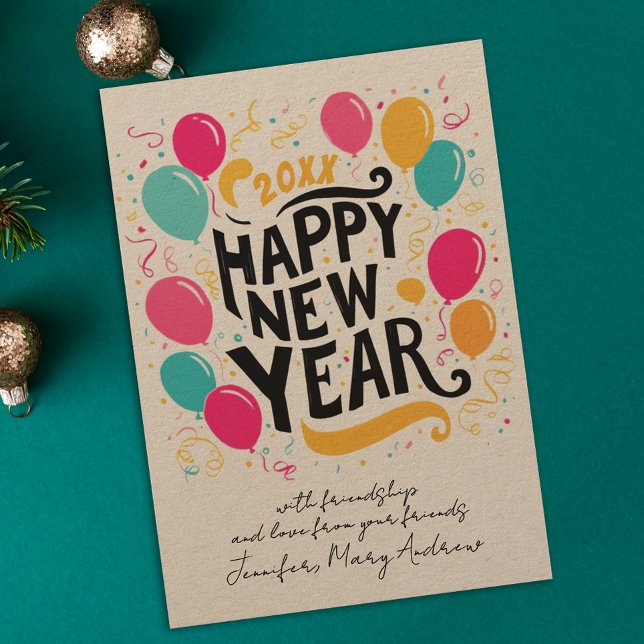 Fun Playful New Year Colourful Balloons Typography Holiday Card (Creator Uploaded)