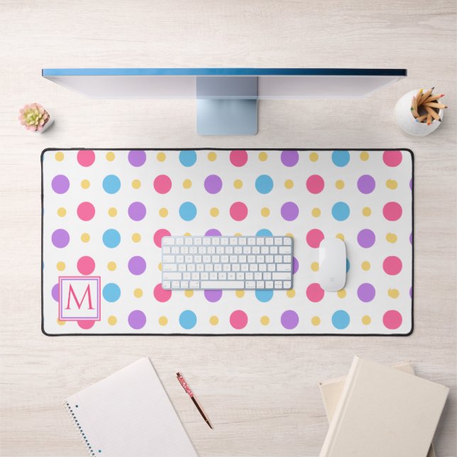 Fun Polka Dot Pink Purple Blue Monogram Desk Mat (Office 1)