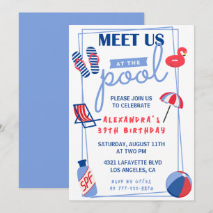 Fun Pool Party 39th birthday invitations Summer