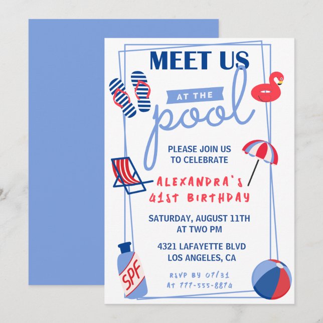 Fun Pool Party 41st birthday invitations  Summer (Front/Back)