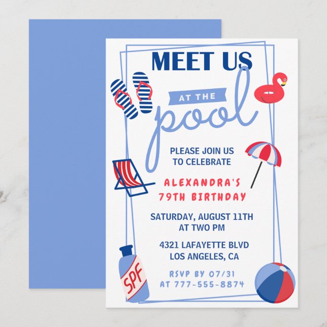 Fun Pool Party 79th birthday invitations  Summer (Front/Back)
