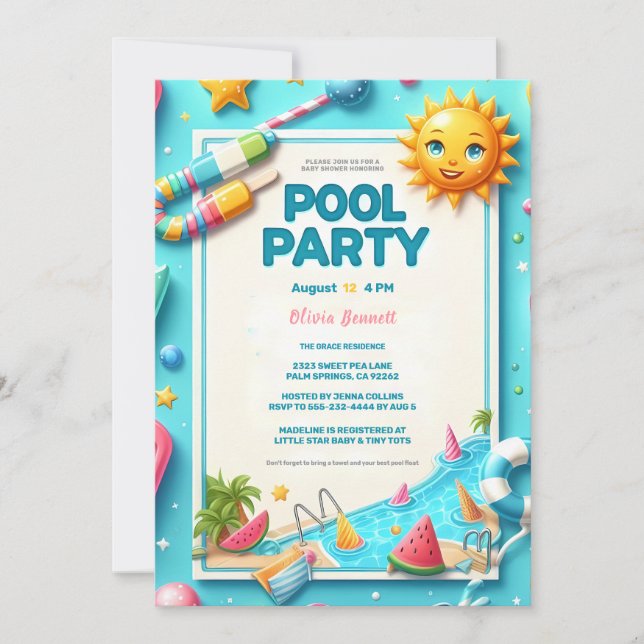 Fun Pool Party Baby Shower with Cute Summer Icons Announcement (Front)