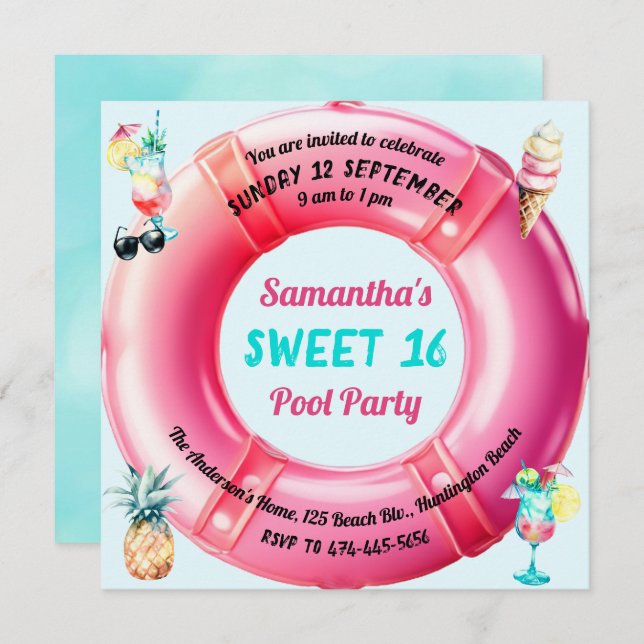Fun Pool Party Cocktails Pineapple Sweet 16 Cute  Invitation (Front/Back)