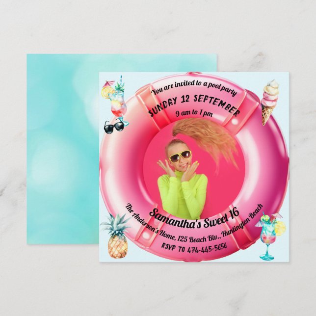 Fun Pool Party Cocktails Pineapple Sweet 16 Photo Invitation (Front/Back)