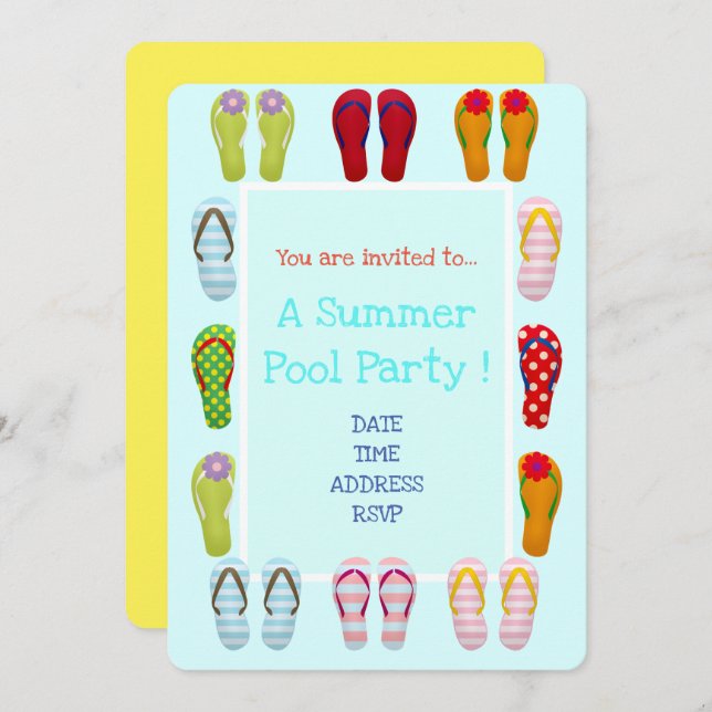 Fun Pool Party cute and modern flip flops Invitation (Front/Back)