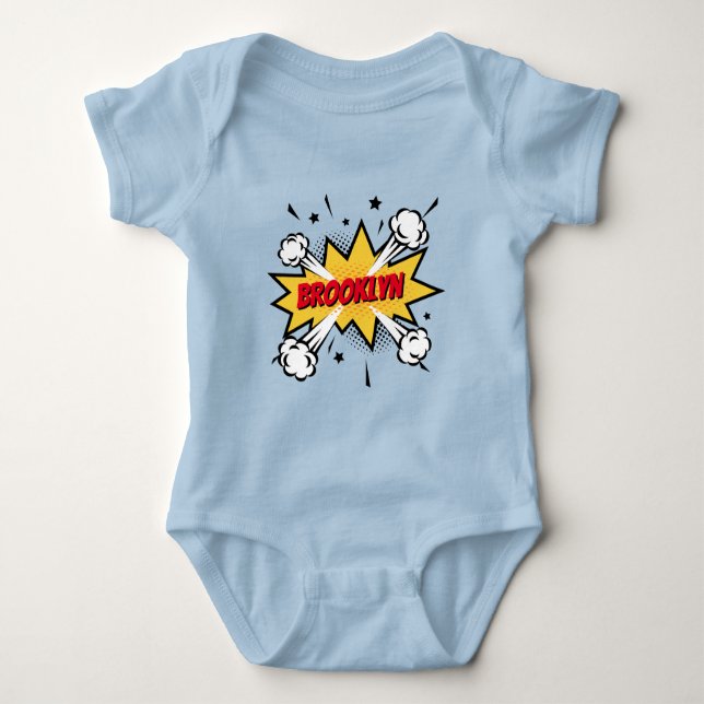 Fun pop art comic book style callout logo baby bodysuit (Front)