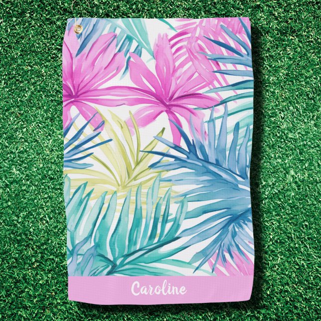 Fun Preppy Monogram Tropical Leave Pattern Pink Golf Towel (Creator Uploaded)