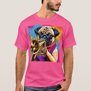Fun Pug Playing Trumpet  Vintage Pop Art Jazz Play T-Shirt
